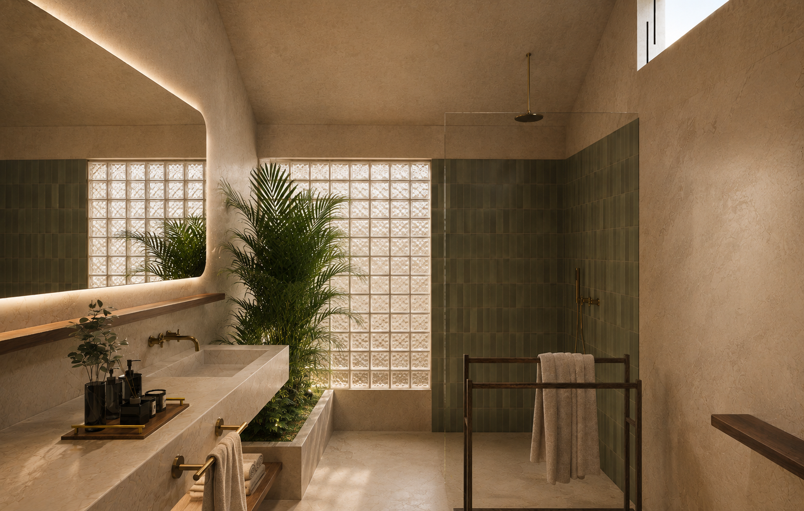 Spa-like bathroom with a rainfall shower, green tile and indoor planting