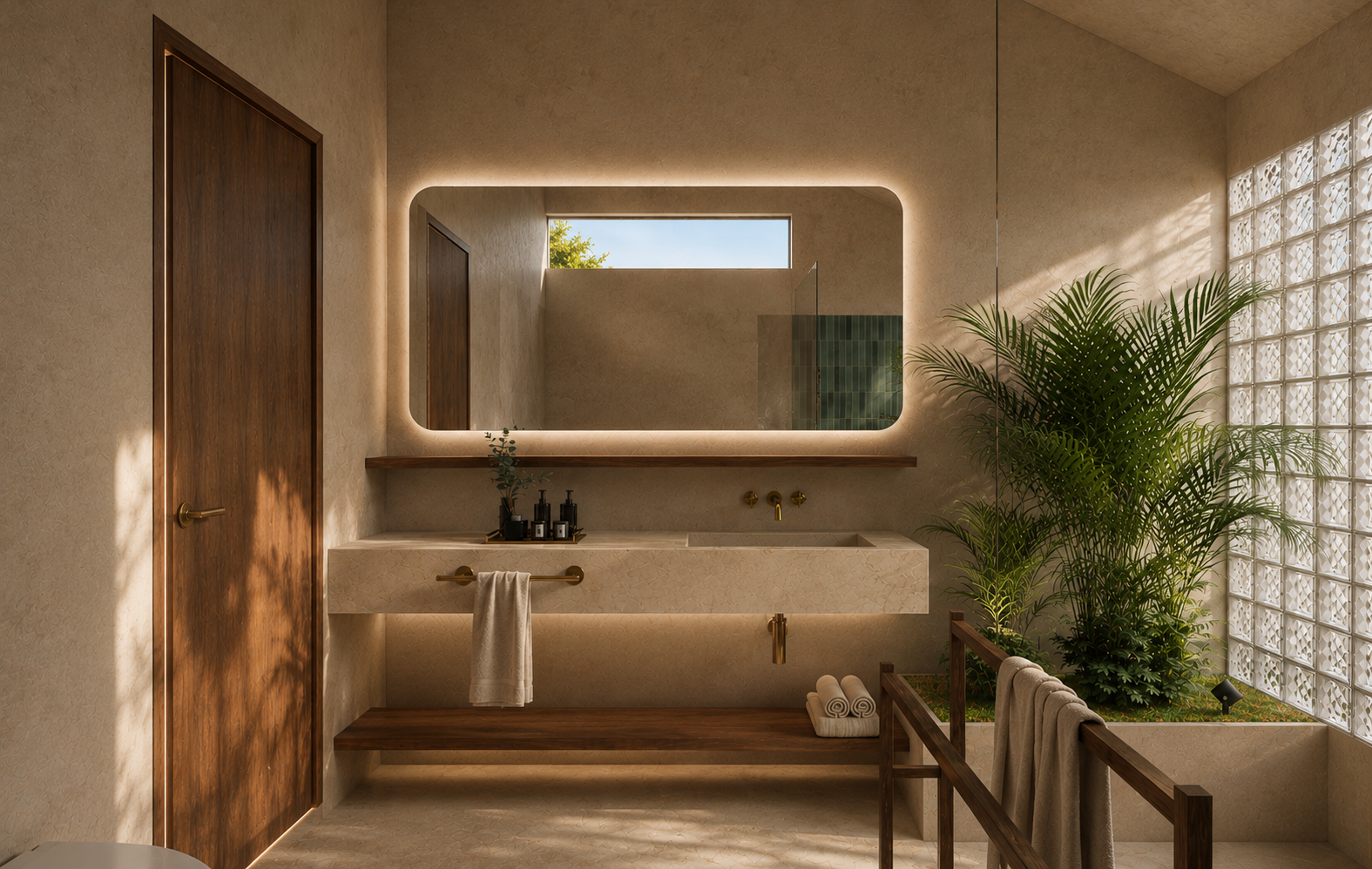 Warm bathroom vanity with wood details, soft lighting and indoor planting