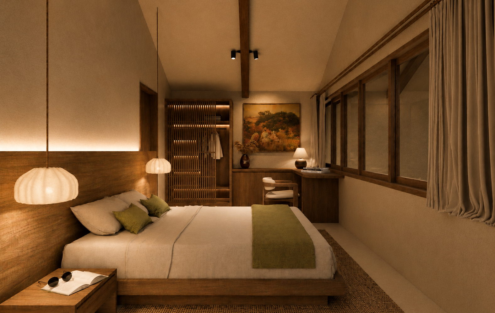 Warm enclosed bedroom with timber finishes and integrated desk