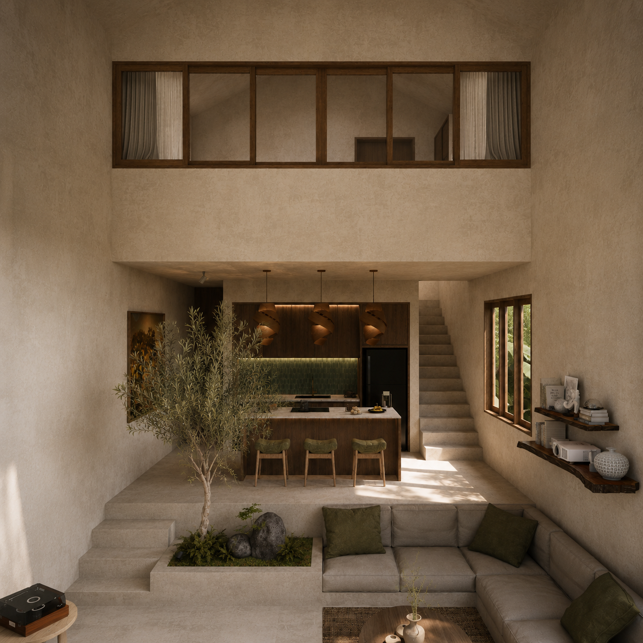 Expansive double-height lounge with an indoor tree and warm wood kitchen