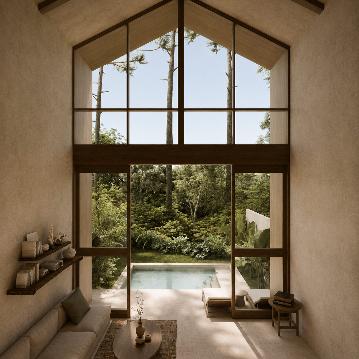 Double-height gable living room opening to the private pool and tropical garden