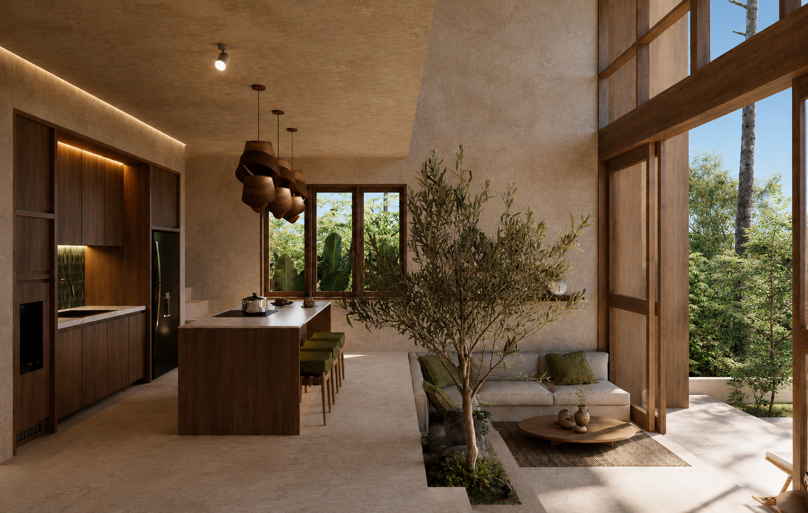 Warm wood kitchen and enclosed living room opening toward tropical nature