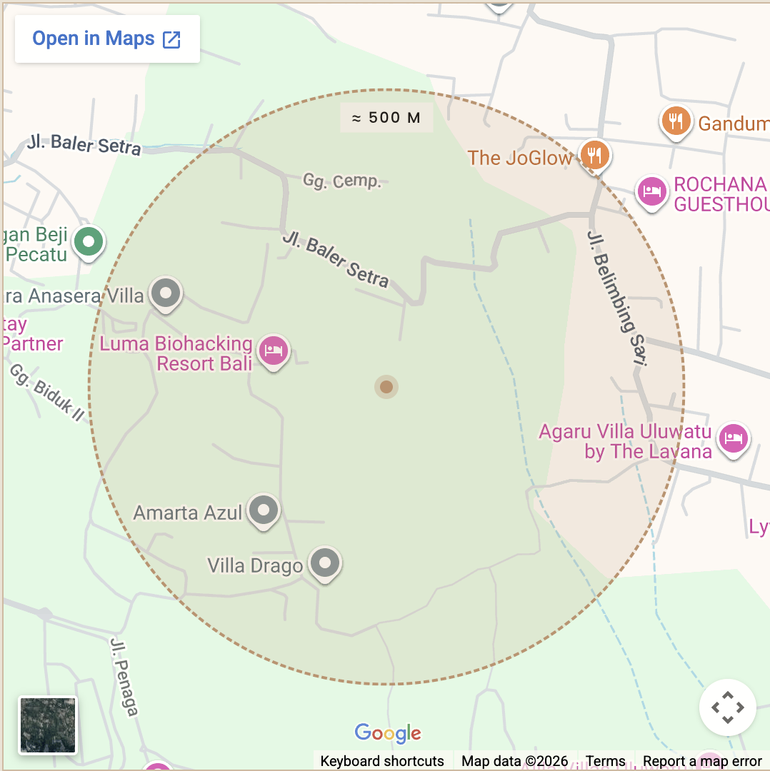 Approximate 500-metre radius around Sela Residences in green Pecatu surroundings