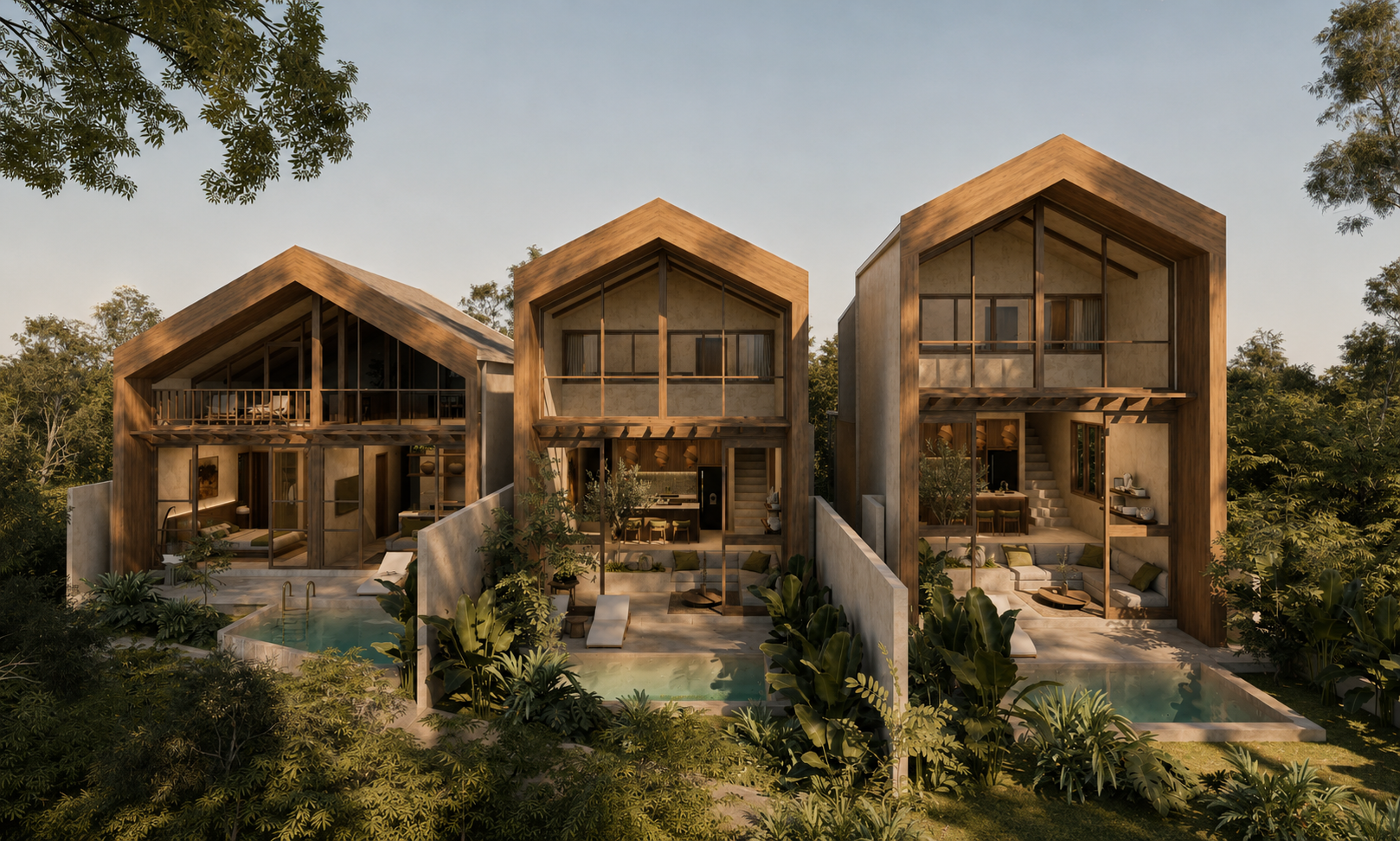 The three warm timber residences of Sela facing the surrounding Pecatu landscape